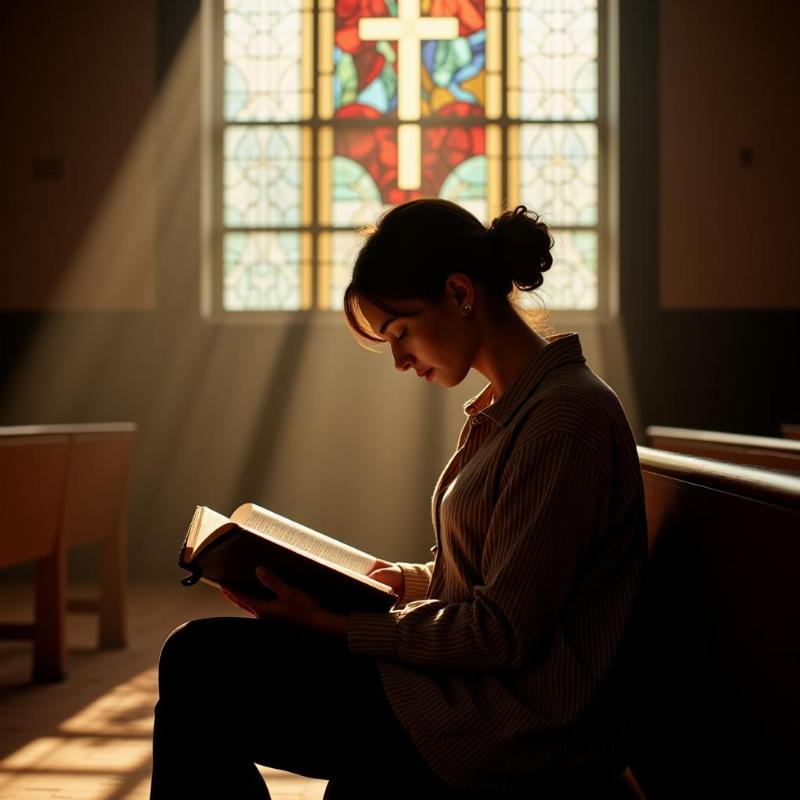 Woman reading the Bible in a church pew