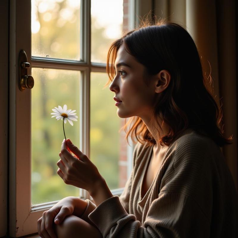 Woman pondering a dream of white flowers