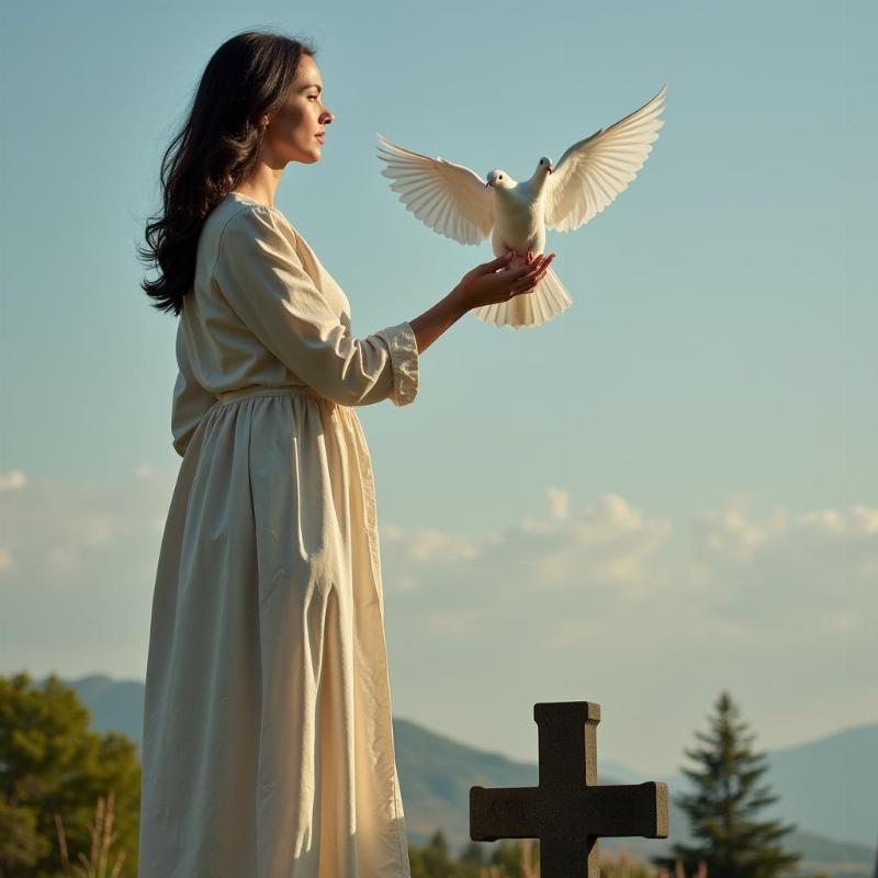 Woman releasing a dove at a grave