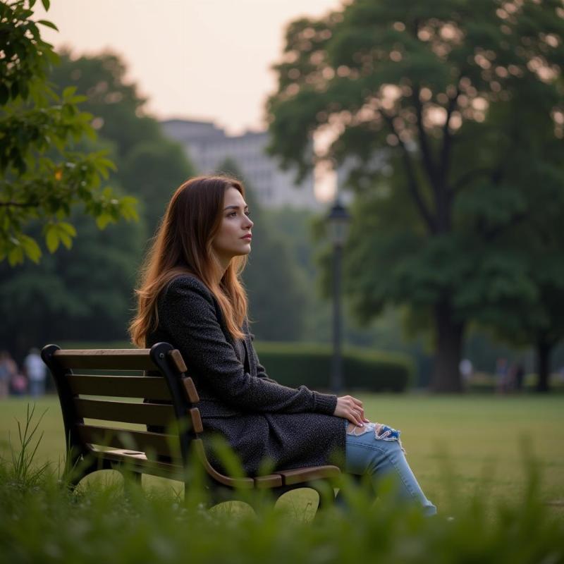 Woman Sitting Alone Looking Thoughtful