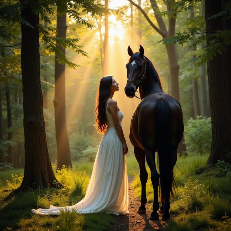 Woman standing beside a black horse in a forest