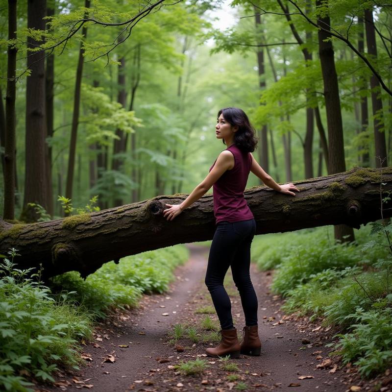 Woman contemplating a fallen tree blocking her path