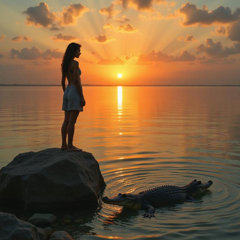 A woman standing tall on a rock, looking back at the crocodile in the water