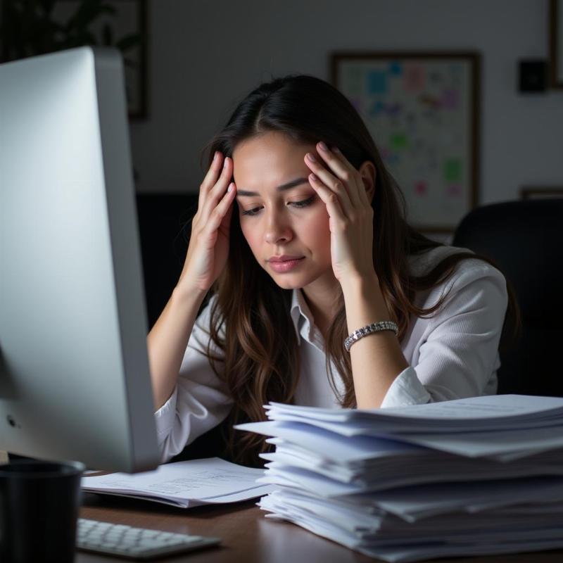 Stressed woman in office setting, holding her head