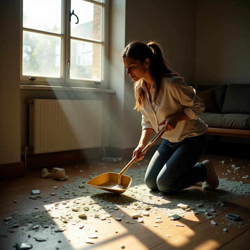 A woman carefully sweeping up shattered glass