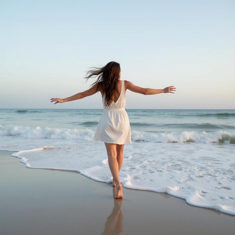 Woman walking barefoot on the beach, feeling a sense of freedom and connection to nature