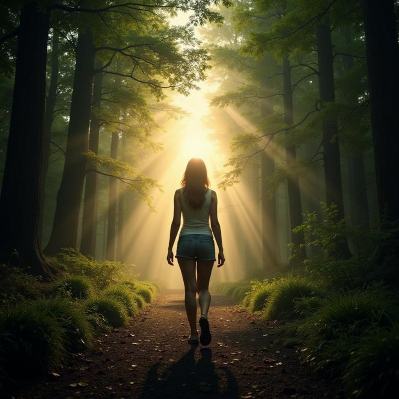 Woman walking towards the light in a forest