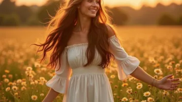 Woman with long, flowing hair standing in a field of flowers