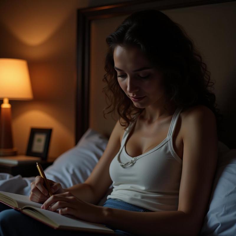 A woman sits in bed writing in a journal