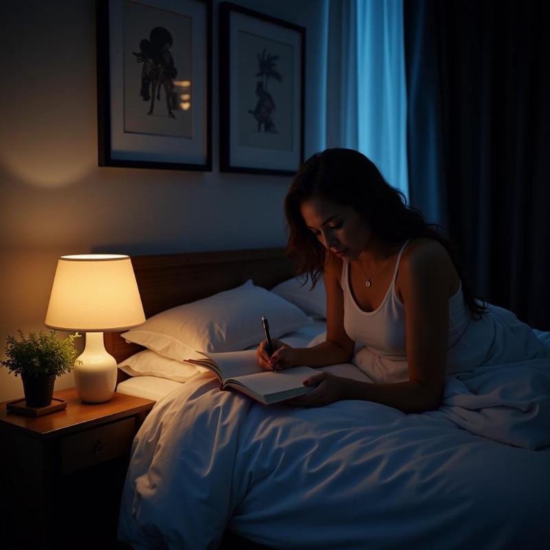 Woman writing in a journal by her bedside