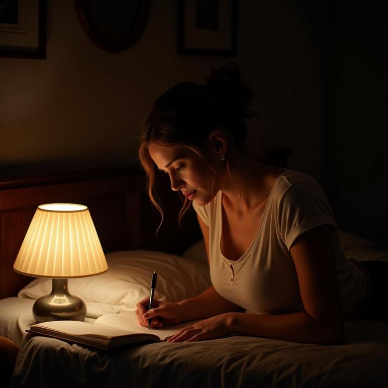 Dream journal and pen on bedside table with soft lighting