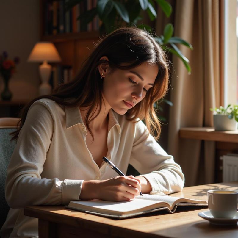 A woman writing in a journal with a cup of tea on the table