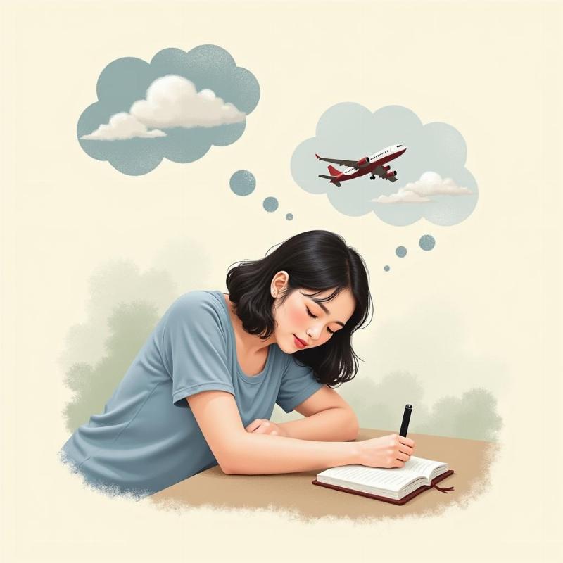 Woman Writing in Journal With Thought Bubble of Aeroplane