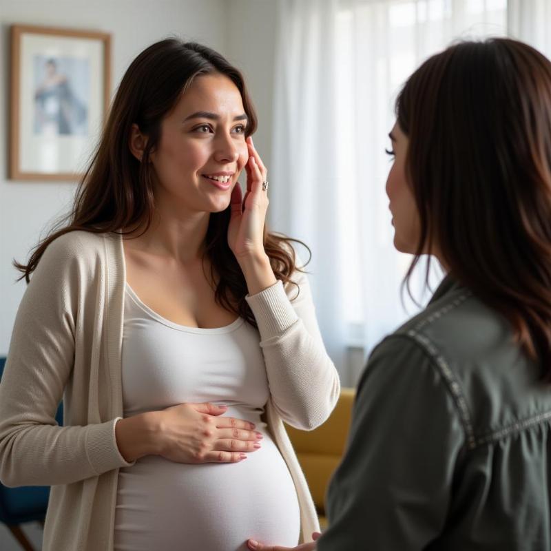 A pregnant woman sitting on a comfortable couch, talking to a therapist in a comforting office setting.